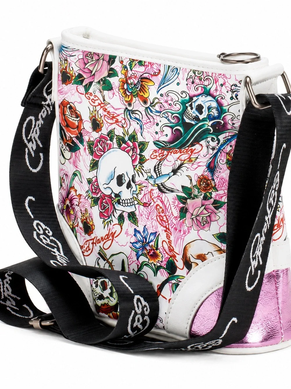 Ed Hardy White Pink Floral Skull Crossbody Bag with Black Strap (Cross Posted)